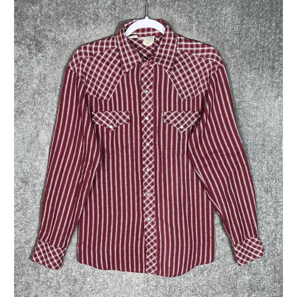 Rocking K Ranchwear Pearl Snap Western Shirt Mens Sz M Red Stripe Plaid Vintage